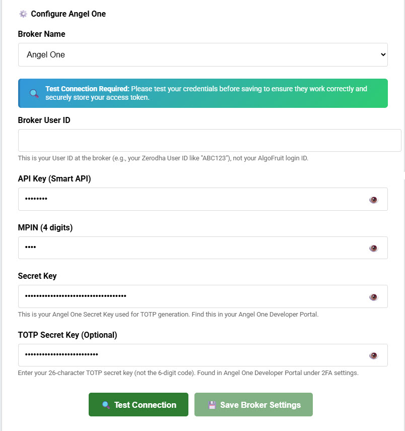 Setup AngelOne Credentials in AlgoFruit Portal